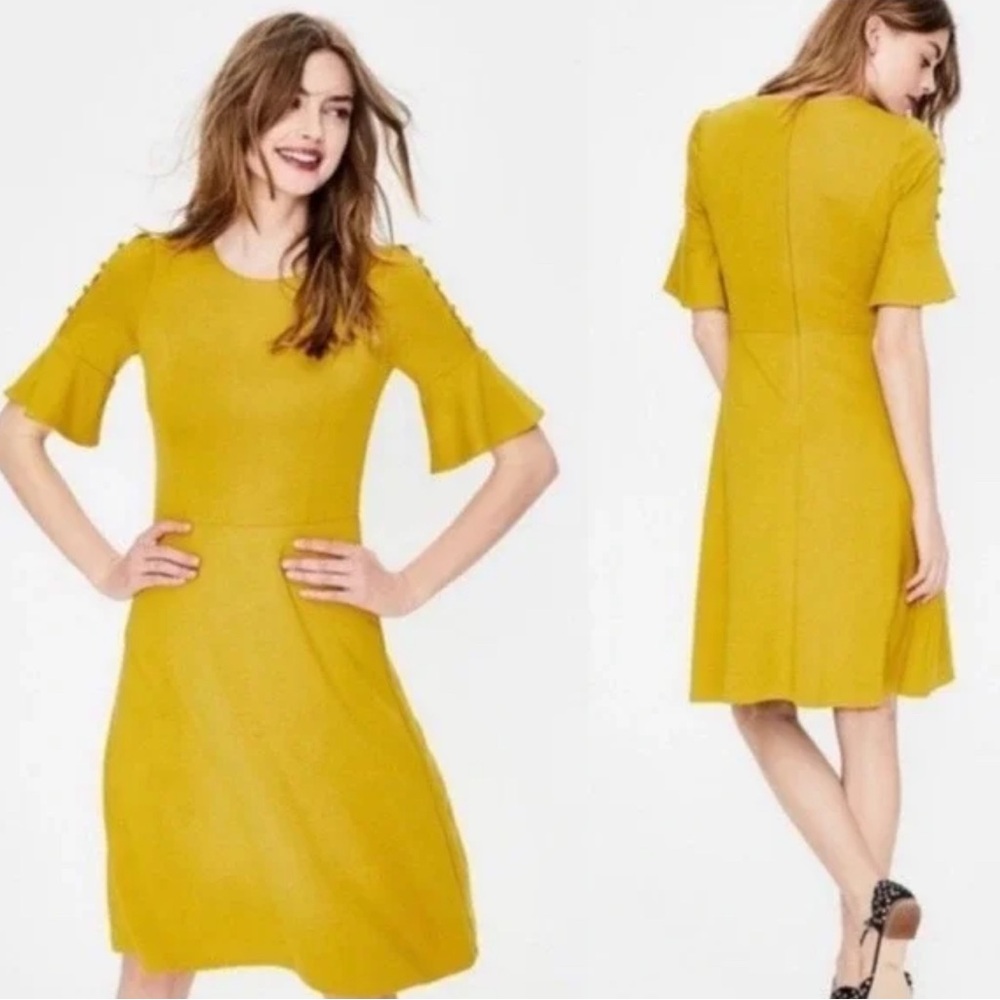 Boden Alexis Mustard Yellow Jersey Knit Peek-A-Boo Flutter Sleeve Dress US Sz 2